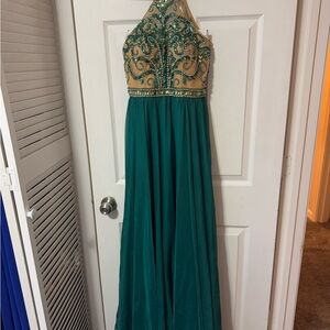 Elegant Green Halter Gown with Gold Embellishments